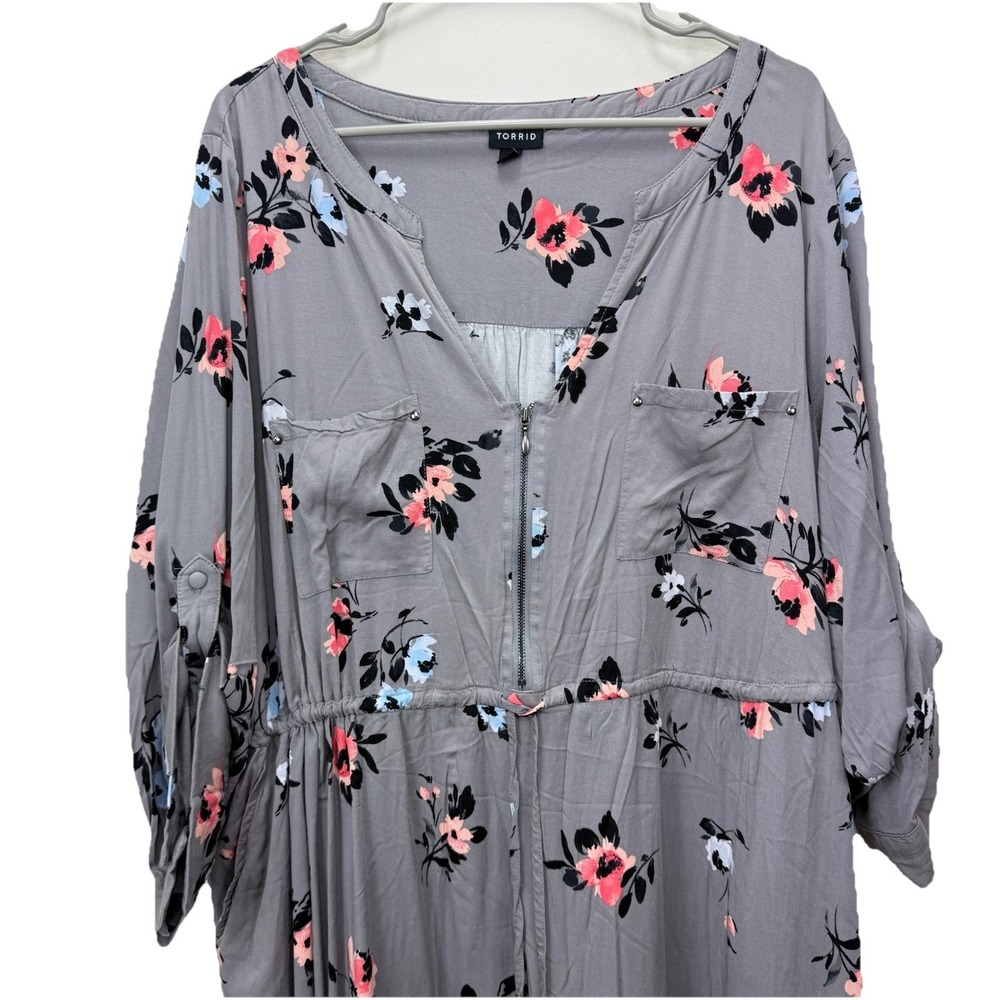 Torrid Gray Floral Challis Zip-Front 3/4 Tab Sleeve Shirt Dress Size‎ 4X - Picture 6 of 13